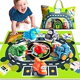 lerrbo 6 PCS Cartoon Lastwagen Auto Spielzeug mit Kräne/Spielmatte/Aufbewahrungstasche|Babyspielzeug für 1 Jahre Alten Jungen|1 Jahre Alten Jungen Geburtstag Geschenk für erste Geburtstag Geschenke