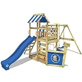 WICKEY Spielturm Klettergerüst SeaFlyer mit Schaukel & Blauer Rutsche, Outdoor Kinder Kletterturm mit Sandkasten, Leiter & Spiel-Zubehör für den Garten