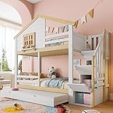 Kinderbett Etagenbett 90x200, Hochbett für 3 Kinder, Hausbett mit Ausziehbett&Stauraumleiter&Fenstern&Dach, Stockbett Holzbett Jugendbett mit Lattenrost&Rausfallschutz, Kiefer,Ohne Matratze,Weiß+Natur