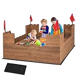 COSTWAY 113 x 116 cm Sandkasten mit Staufächern & Flaggen, Sandbox mit Sitzbank, Sandkiste Holz für 1-2 Kinder, inkl. Bodenabdeckung, ab 3 Jahre