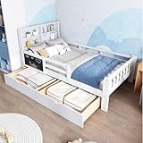 Kinderbett 90x200cm, Einzelbett mit 2 Schubladen und Tafel, Kopfteil mit Bücherregal, Kinder Bett mit Rausfallschutz und Lattenrost, Holzbett Funktionsbett Jugendbett Bettgestell, Ohne Matratze, Weiß