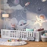 Bellabino Tapi Bett 90x200 cm, Kinderbett mit Rausfallschutz und Tür, inklusive Lattenrost, Montessori Bodenbett für Jungen und Mädchen aus Kiefer Massivholz, weiß lackiert, Bed