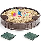 DREAMADE Sandkasten mit Abdeckung und Bodenplane, Sandbox mit Sitzecken, Sandkiste für Kinder für Garten Outdoor (Rund)