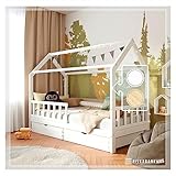 RIVERBANK® Hausbett 90x200 - Kinderbett 90x200, Kinderbett mit Rausfallschutz und Zwei Schubladen, Weiß, Kiefernholz, Montessori Bett für Kinder, Jungen, Mädchen, Bodenbett auf Anfrage