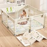 Lertantri Laufstall Baby mit Matratze, Beige 120x120 Kleines Laufgitter Baby mit Matte, Laufstall für Apartment, Laufgitter mit Atmungsaktivem Netz an Vier Seiten und Saugnäpfen