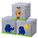 LIFENEY meets Die Maus 3x Aufbewahrungsbox mit Deckel für Kinder – Boxen mit der bekannten Maus und dem beliebten Elefanten im 3er Set – 33 x 33 x 33 cm passend für klassische Würfelregale