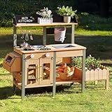 ROBUD Kinder Matschküche Holz, Spielküche mit Echtem Wasserhahn, Pflanzkasten, Insektenkasten, Rollenspiel Kinderküche für draußen, Geschenk für Mädchen Jungen ab 3 Jahren, Naturholz