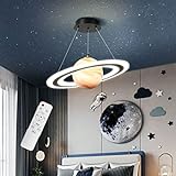 DROMEZ Dimmbar Planet Hängelampe, LED 40W Kinderzimmer Kronleuchter mit Fernbedienung und Glaskugel, Höhenverstellbar Modern Schlafzimmerlampe Hängend für Mädchen Jungen, 45cm