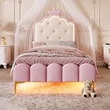 Merax Kinderbett 90x200, Polsterbett für Mädchen Einzelbett mit Kronprinzessinnenform Kopfteil, 16 Farben LED-Streifen, aus PU-Leder Bettrahmen mit Lattenrost(ohne Matratze), Rosa