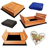 SunWood Sandkasten 100x100 cm Imprägniert Premium Sandbox mit Abdeckung Sitzbänken Deckel Plane Sandkiste Holz Kiefer Sandkastenvlies Amber-Imprägniert
