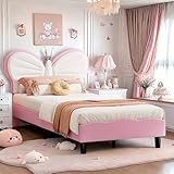 DAHUEN Polsterbett Kinderbett 90x200 mit LED-Leselicht, Mädchen Bett mit Lattenrost, Bett für Mädchen Prinzessin mit Kopfteil in Schmetterlingsform, Rosa Einzelbett für Kinder, Samt (90×200cm)