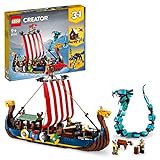 LEGO 31132 Creator 3in1 Wikingerschiff mit Midgardschlange, Set mit Schiff, Haus, Spielzeug-Wolf und Tier-Figuren, Geburtstagsgeschenk für Kinder