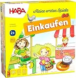 HABA Meine ersten Spiele – Einkaufen – Spiel ab 2 Jahren mit 3D-Marktstand, Holz-Spielgeld & Einkaufslisten, 1-4 Spieler – 1302781001