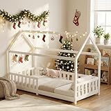 ecomi® Kinderbett 80x160 Bodenbett Kinder Bett Hausbett mit Rausfallschutz und Lattenrost für Kinder Kinderbetten für Mädchen und Jungen Massivholz Kiefer in Weiß