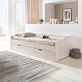 WOODLIVE DESIGN BY NATURE Massivholz-Gästebett aus Kernbuche weiß, ausziehbares Doppel-Bett, als Jugend- & Kinderbett verwendbar, Funktionsbett aus Holz, Bett 90 x 200 cm