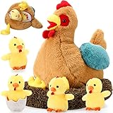 Skylety 25 cm Plüsch Ei Huhn mit Bauch mit Reißverschluss Hühnernest und Klein Baby Küken Stofftier mit Ei Gefüllt Huhn Plüschtier für Ostern Füllung Party Dekoration (Lebendiger Stil)