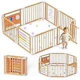 Laufstall Baby Holz mit Spielcenter–160 x 160 x 61 cm Verstellbare Größe & Form Laufgitter, Faltbarer Laufstall aus Holz, Spielzaun mit Tor für Babys und Kleinkinder