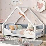 Merax Kinderbett 90x200cm, Hausbett Mit Lattenrost, Holzhaus Bett mit Rausfallschutz für Jungen & Mädchen, Kinder Bett Baumhausbett, Stabiles Bodenbett, Niedlicher Spielplatz, Weiß