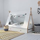Homestyle4u 2128, Tipi Bett Kinderbett 90x200 cm Hausbett Weiß mit Bettkasten Jugendbett Zelt Holz