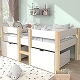 Kayan Bett Kinderbett mit Schublade und Rausfallschutz, Kiefer-Vollholz-90x200 cm-Weiß & Eiche