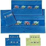 Erwin Müller Kinder Handtuch-Set, Frottier-Set 3-TLG. Traktor blau Größe 70x110 cm + 50x70 cm + 15x21 cm - 1 Handtuch, 1 Badetuch, 1 Waschhandschuh - kuschelig weich, saugstark