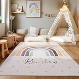HomebyHome Kurzflor Kinderteppich für Jungen und Mädchen 120 x 170 cm Creme Regenbogen Design - Waschbarer Teppich Extra Weich und Antiallergen - Teppich für Kinderzimmer, Babyzimmer und Spielzimmer