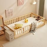 LALAHO 2in1 Bodenbett Montessori Kinderbett mit freiem Tor, 90×200 cm，mit Herausfallschutz & Lattenrost, Gitterbett Jugendbett Einzelbett – 2 Größen, 300 kg Tragfähigkeit, umbaubar（Natur）