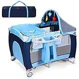 COSTWAY 4 in 1 klappbares Reisebett & Babywiege & Wickeltisch & Laufstall mit Schaukelfunktion, inkl. Spieluhr, Spielbogen, Wickelauflage, Matratze, Windel Organizer und Tragetasche (blau)