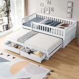 Kinderbett 90x200 Massivholz Schlafsofa mit Ausziehbett & Schubladen, Multifunktionsbett Tagesbett Gästebett Stauraumbett Jugendbett Bettgestell mit Rausfallschutz und Lattenrost, ohne Matratze, Weiß