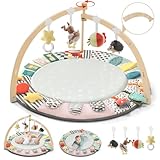 Faltbare Baby-Spielmatte mit Spielbogen aus Holz – 6 Entwicklungszonen, Interaktive Sensorische Spielzeuge, Krabbeldecke Baby, Baby Gym für 0-6 Monate, Perfekt für Zuhause und Unterwegs