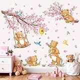 wondever Wandtattoo Waldtiere Baum Zweig Wandaufkleber Blumen Baum Kirschblüte Schaukel Bär Wandsticker Wanddeko für Mädchen Kinderzimmer Schlafzimmer Wohnzimmer