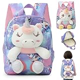 Cyiecw 2 in 1 Kinderrucksack mit Kuscheltier 25cm, Plüschspielzeug Einhorn Rucksack Mädchen, Kindergartenrucksack mit Verstellbare Gurte, für Hort Kindergarten Kinder 2 3 4 5 Jahren (Lila)