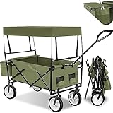 tectake® Bollerwagen faltbar mit Dach, Transportwagen, Rollwagen klappbar, Gartenwagen, Strandwagen, Ink. Hecktasche und extra Tragetasche, bis 80 kg, 2 Halterungen für Getränke - grün