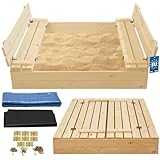 KOTARBAU® Sandkasten mit Abdeckung Sandkasten Holz 120x120 cm imprägniert mit Sitzbänken Naturholz Holzsandkasten Sandbox mit Deckel Sandkasten mit Deckel Holz Sandkiste mit Abdeckungen