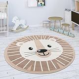 Paco Home Kinderteppich Teppich Kinderzimmer Rund Spielmatte Babymatte rutschfest Modern Mond Koala Löwenkopf, Grösse:150 cm Rund, Farbe:Beige
