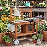 Outdoor Spielküche Gartenspielküche Matschküche Kinder Outdoor Mit Rädern, Wasserkocher, Spüle, Holzpflanzenbehälter, Kinderküche (Braun)