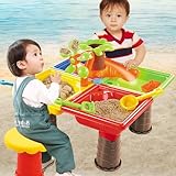 4-in-1 Sand Wasserspieltisch, 25 Piece Wasser Outdoor Aktivität Sommer Sand Spielzeug, Matschtisch Strandtisch für Kinder, Garden Sandpit Play Set Beach Toy Moulds, Colorful