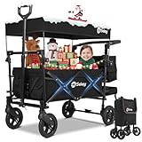 Sekey Bollerwagen Faltbar mit Dach 2 Kinder 100KG, Faltbarer Bollerwagen Handwagen Schiebegriff, Kinderwagen Stoßfest PU Räder mit Bremsen 110L, SS5050, Schwarz