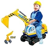Dominiti e.K. Sitzbagger mit Zwei Schaufeln in gelb + Helm / Greifarm + Schaufel / Kinder-Fahrzeug / Rutscher / Bagger