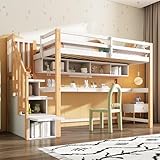 Merax Hochbett 90x200cm mit großen Schreibtisch und Regale, Kinderbett mit Sicherheitsleiter, Etagenbett mit Stauraum für Jungen, Mädchen, Natürlich und Weiß (Ohne Matratze)