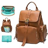 MISS FONG Wickeltasche Wickelrucksack, Wickeltasche Rucksack mit tragbarer Wickelunterlage und Gurthalter Leder Wickeltasche Reiserucksack für Mama und Papa-Braun