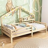 Merax Kinderbett 90x200cm mit Rausfallschutz, Kinder Hausbett mit Ablageregal, Stabiles Holz Baumhausbett mit Lattenrost, Spielbett für Jungen & Mädchen, Natur