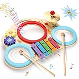 ZHUSI Kinderspielzeug Holz Kinder Trommel Set 8 in 1 Musikinstrumente Kinder, Baby Spielzeug Musik Schlagzeug Kinder Lernspielzeug Geschenke für Mädchen Jungen