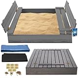 KOTARBAU® Sandkasten mit Abdeckung 100 x 100 cm Grau Großer Holzsandkasten Sandkasten mit Sitzbank und Deckel Gartenspielzeug Kinder imprägniert verschließbar mit Bänken