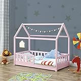 Juskys Kinderbett Marli 80 x 160 cm mit Rausfallschutz, Lattenrost und Dach - Hausbett für Kinder aus Massivholz - Bett in Rosé
