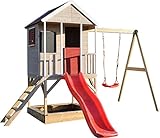 Wendi Toys M9R Spielhaus Kinder Outdoor mit Rutsche & Schaukel, 290 x 350 x 242 cm, Rot, FSC Holz, Spielturm Garten für Kinder ab 3 Jahren, Klettergerüst Outdoor Gartenhaus
