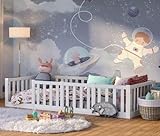 Bellabino Tapi Kinderbett 90 x 200 cm, Montessori Bodenbett inkl. Rausfallschutz und Lattenrost für Jungen und Mädchen aus Kiefer Massivholz weiß lackiert