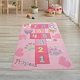 Teppich-Traum Prinzessinnen Hüpfspiel Kinder Spielteppich mit Schmetterlingen & Herzen in pink, Läufer 80x150 cm