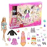Barbie-Adventskalender mit Barbie-Puppe (30,40 cm), 24 Überraschungen inklusive trendiger Kleidung und Accessoires für jeden Tag, festliche Verpackung mit Feiertagsmotto für Kinder von 3 Jahren, GYN37
