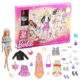 Barbie-Adventskalender mit Barbie-Puppe (30,40 cm), 24 Überraschungen inklusive trendiger Kleidung und Accessoires für jeden Tag, festliche Verpackung mit Feiertagsmotto für Kinder von 3 Jahren, GYN37